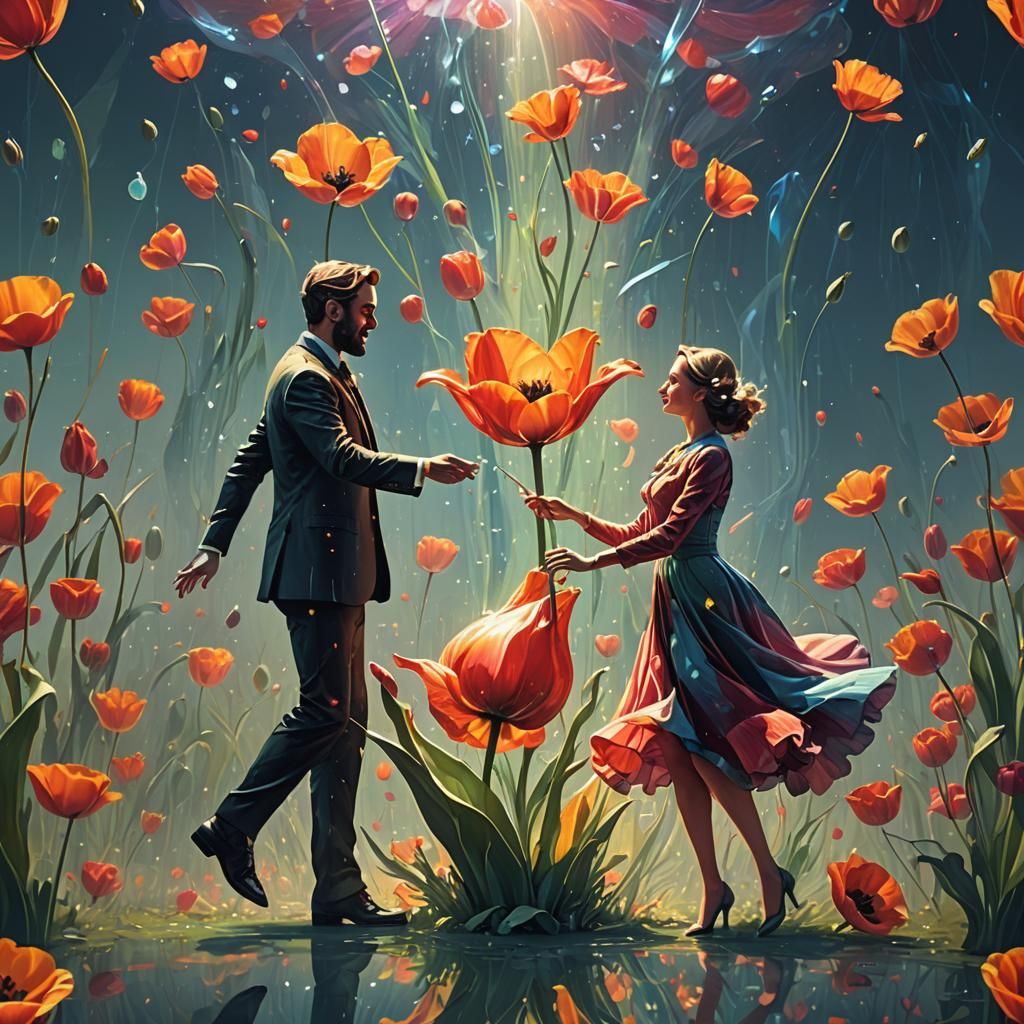 Dancing Anthropomorphic Flowers in Cyber Art Style