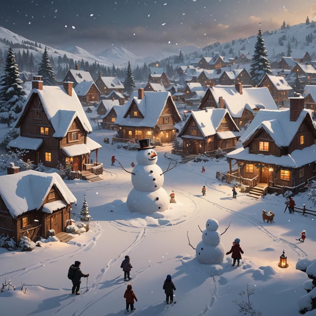 Snowy Christmas Village Scene with Golden Accents