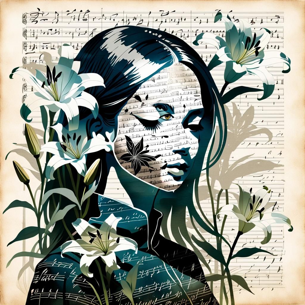 Surreal Silhouette with Lilies and Script