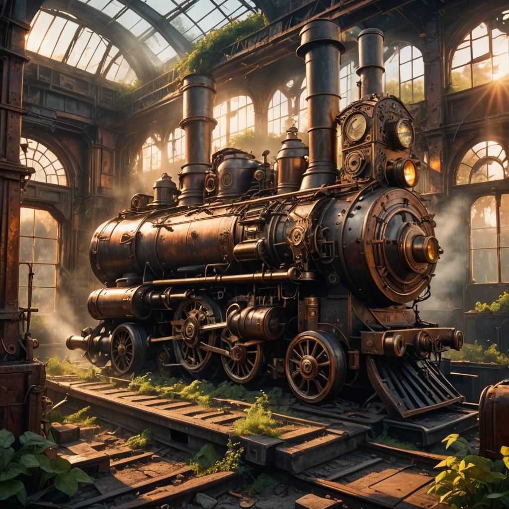 Decaying Steampunk Steam Engine at Abandoned Station