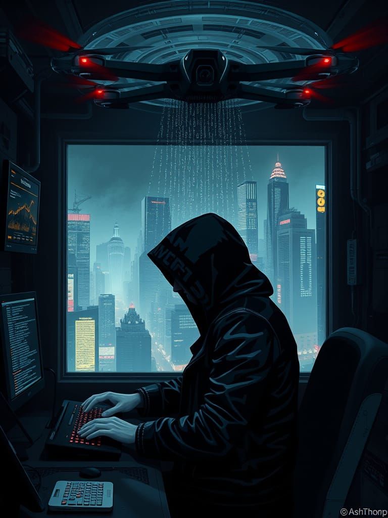 Cyberpunk Hacker in Dark, High-Tech Lair