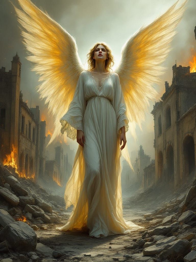 Sorrowful Angel Amidst Ruins in Pre-Raphaelite Style