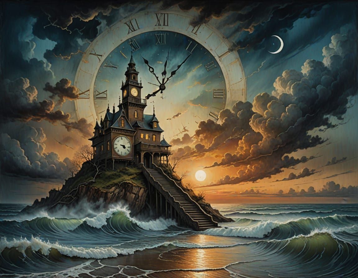 Ethereal Clock Tower in a Turbulent Dreamscape