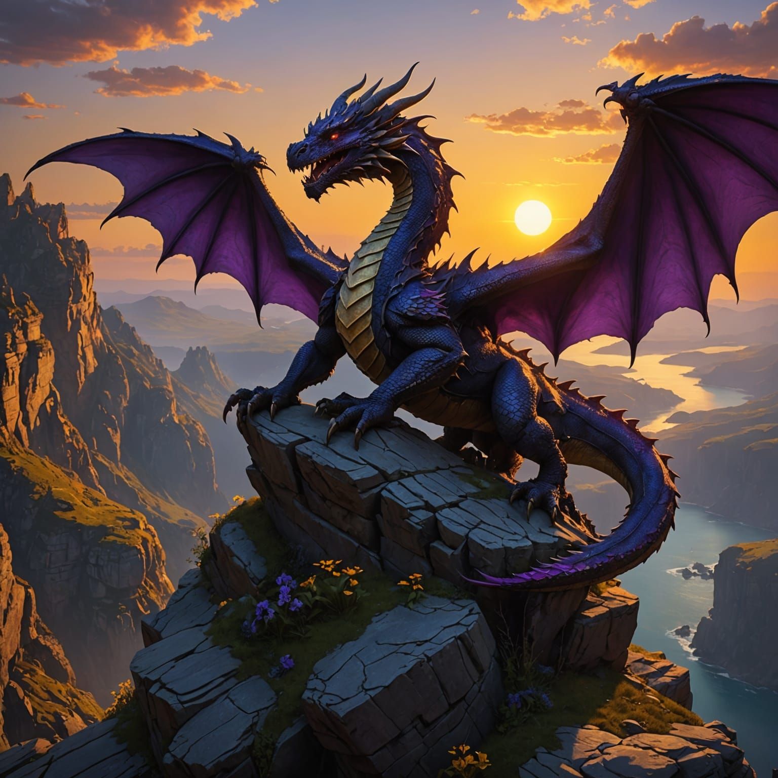 Dragon on Cliff: Dark Fantasy Concept Art