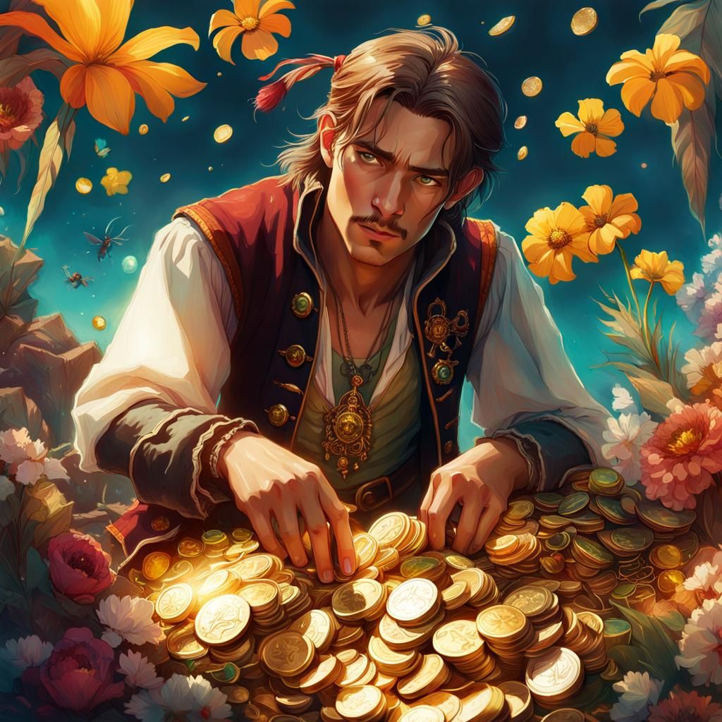 Jim Hawkins, Pirate King, Surrounded by Treasure