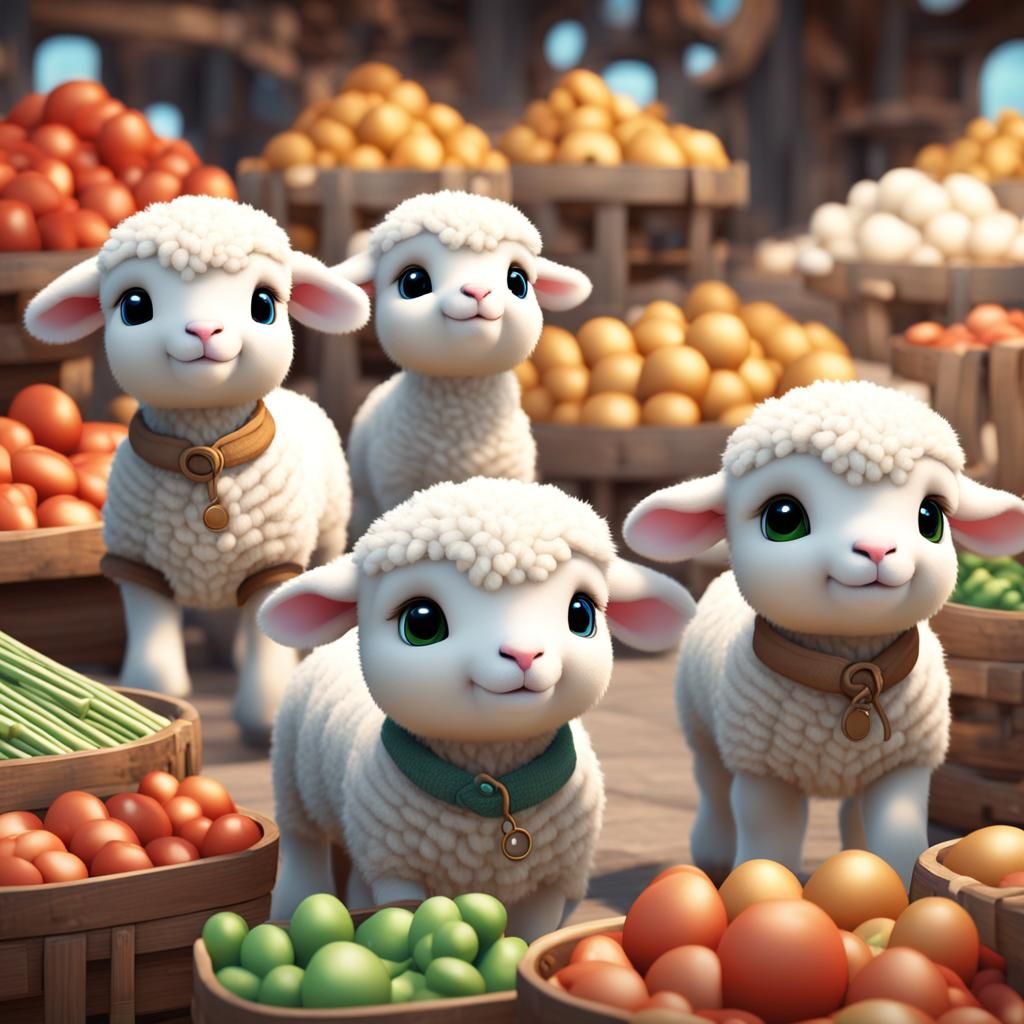 Three Adorable Lambs in Open Air Market