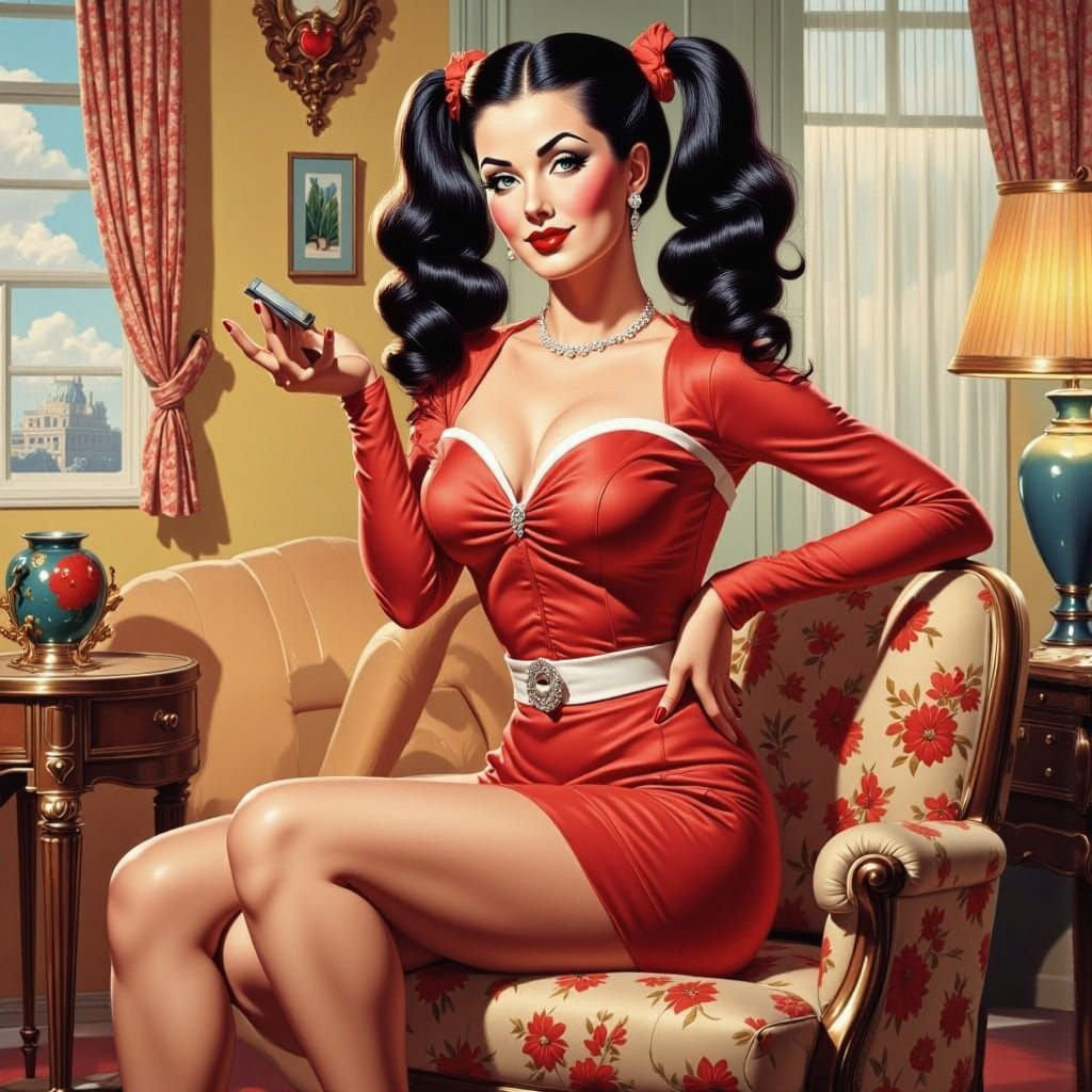 An alluring rockabilly pinup queen with a 1950s flair. <lora:Pin-up flux:0.5><lora:Retro Rockabilly:0.5><lora:Classic pi...
