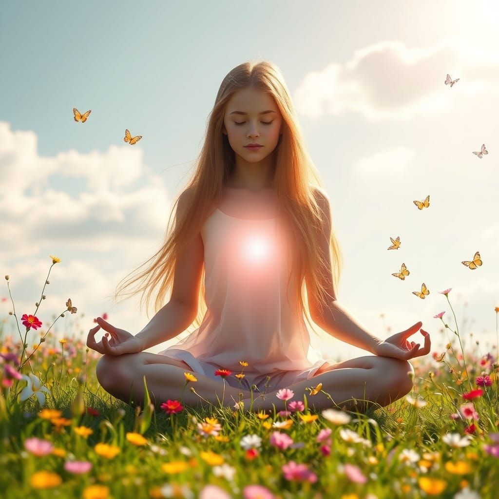 Serene Goddess Surrounded by Vibrant Wildflowers in Soft Foc...