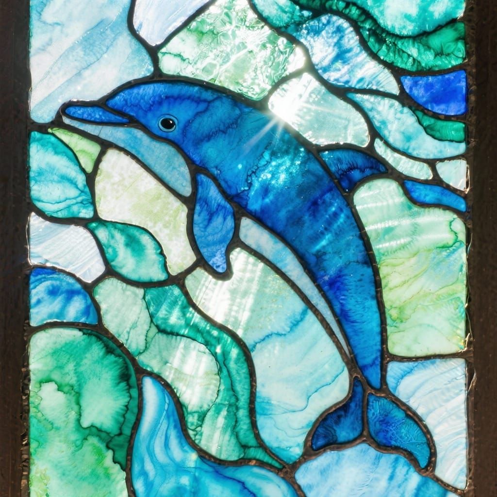 Dolphin Stained Glass Art in Vibrant Blues and Greens