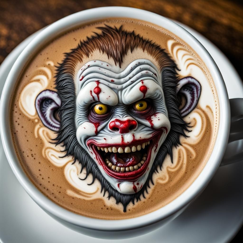 Zombie Monkey Clown Latte Art in HDR