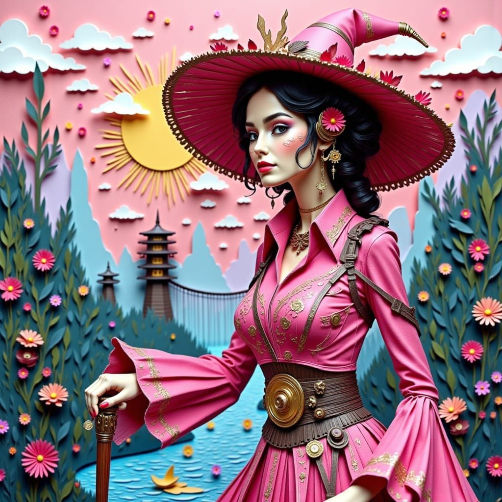 Steampunk Witch in Whimsical Papercut Style