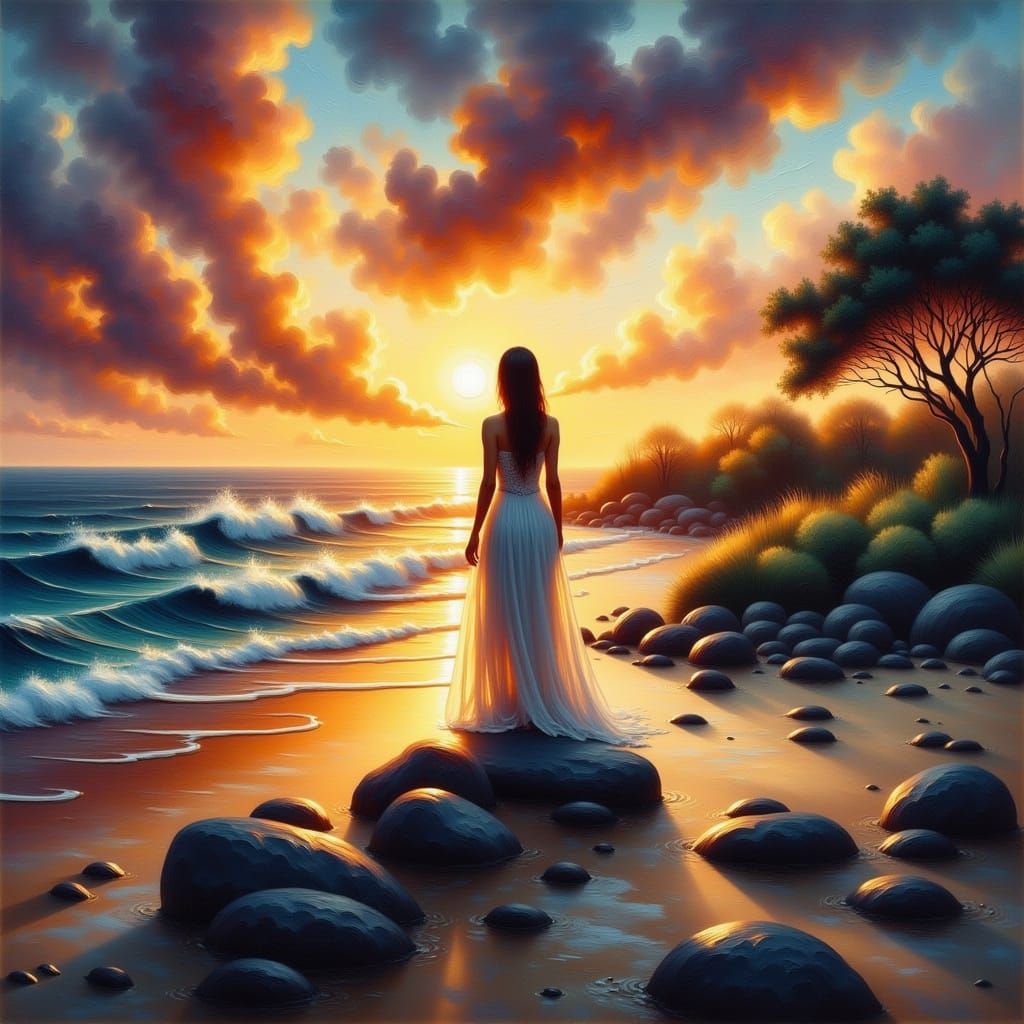 Melancholic Beach Scene in Oil Painting Style