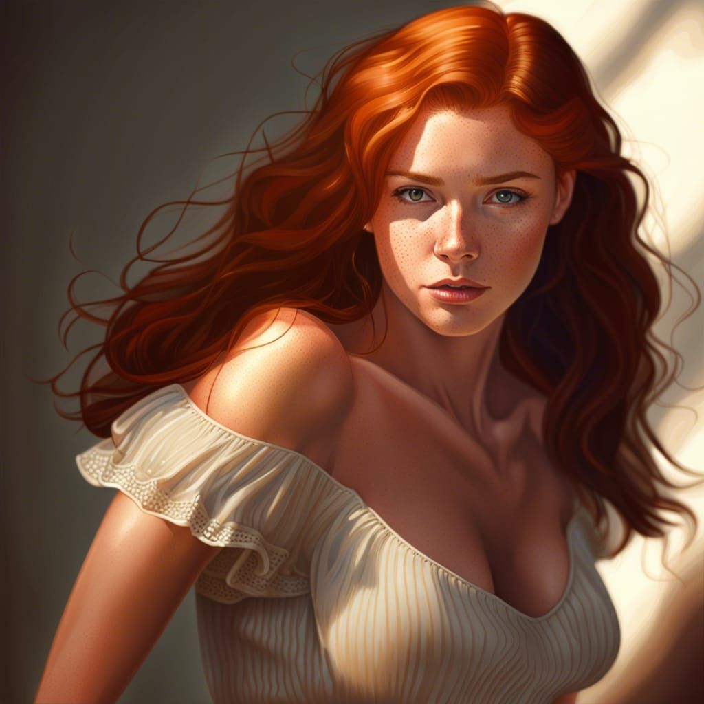 Curvy Redhead with Freckles in Summer Dress