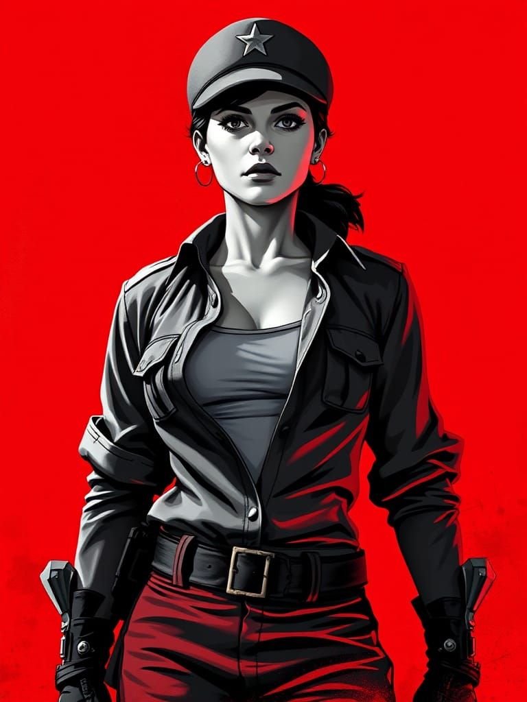 Bold Female Soldier in Soviet Poster Art Style