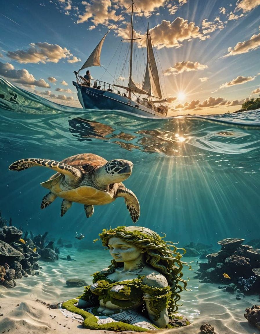 Moss-Covered Marble Mermaid Statue