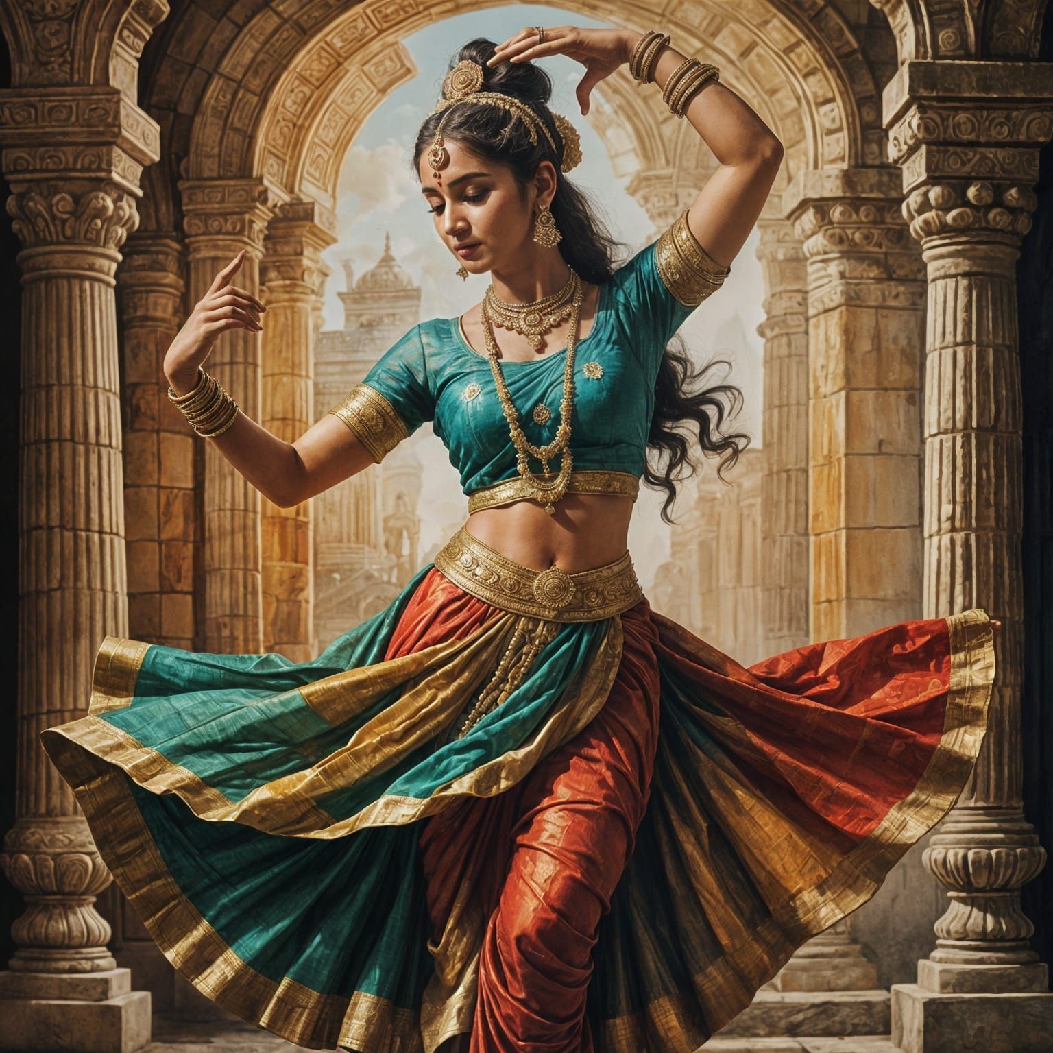Indian Classical Dancer as Ancient Sculpture in Oil Painting