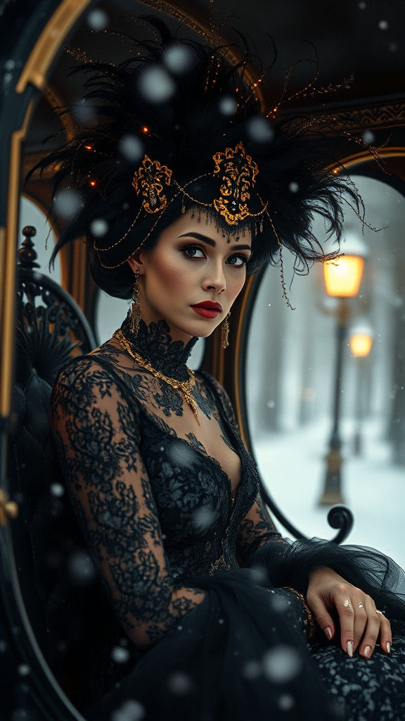 Regal Woman in Black and Gold Carriage in Snowfall