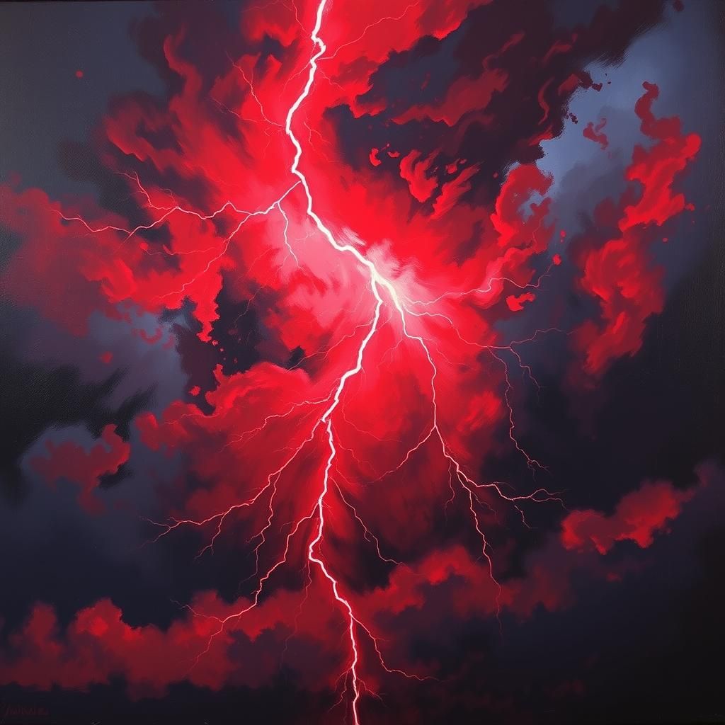 Crimson Lightning Bolt in Dramatic Oil Painting Style