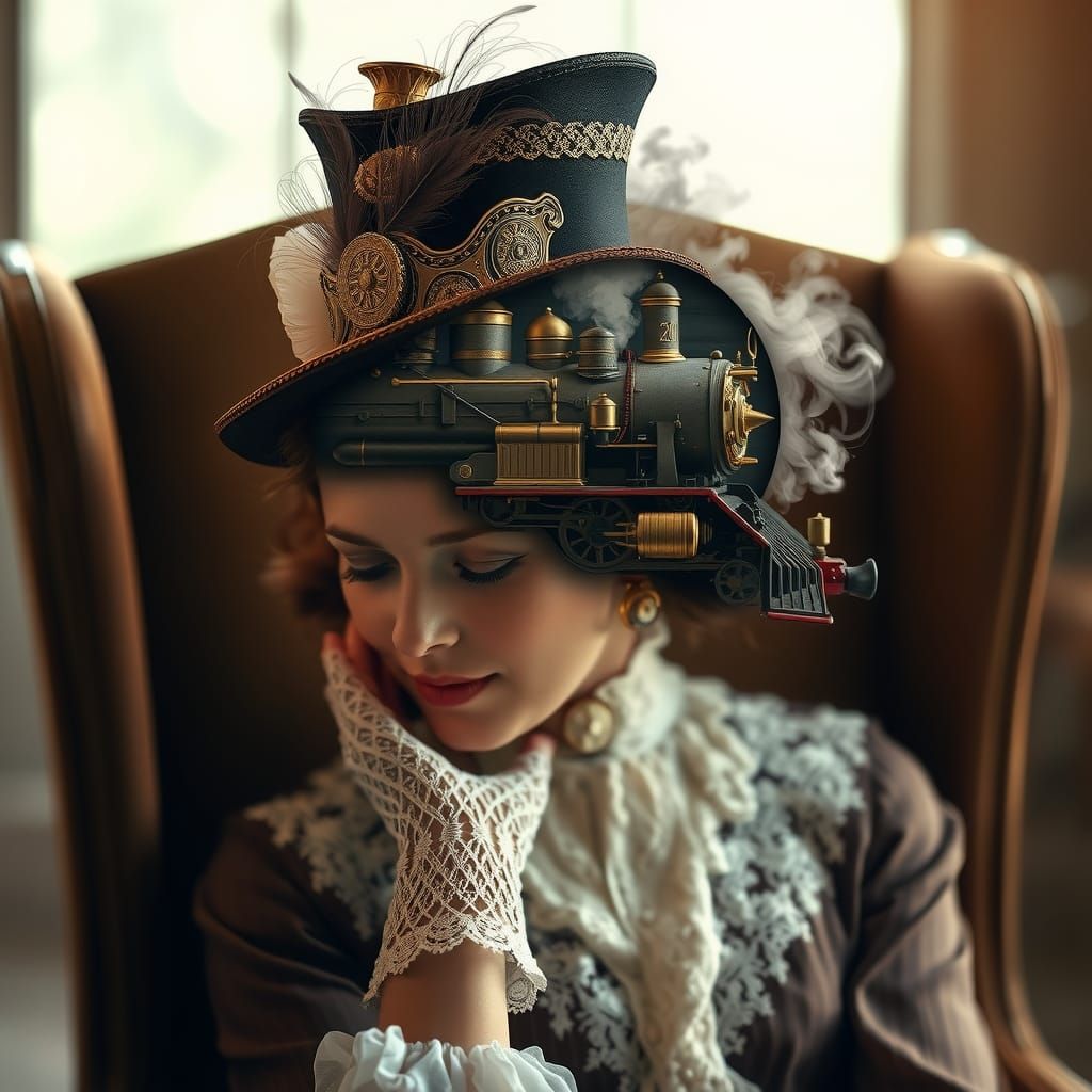Victorian Lady with Steam Train Double Exposure