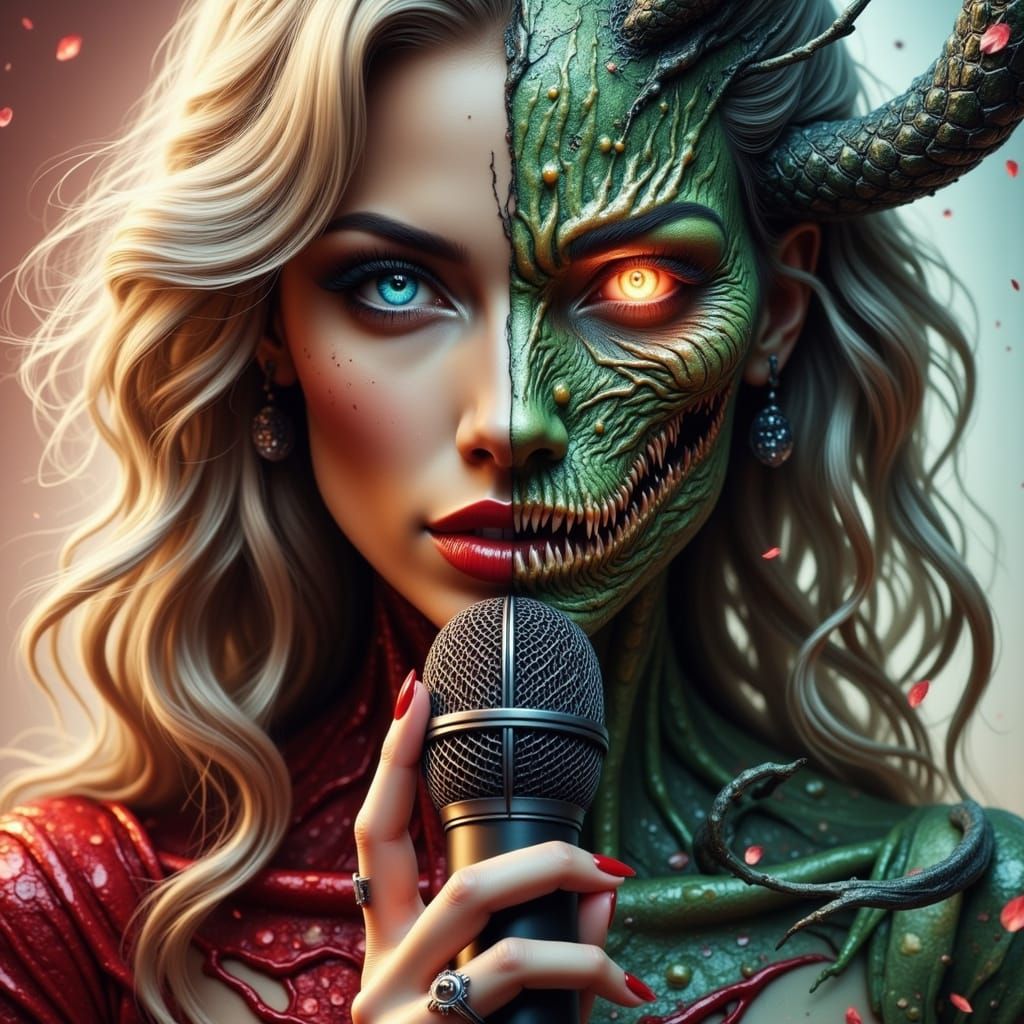 Glamorous Siren and Reptilian Horror Split Image