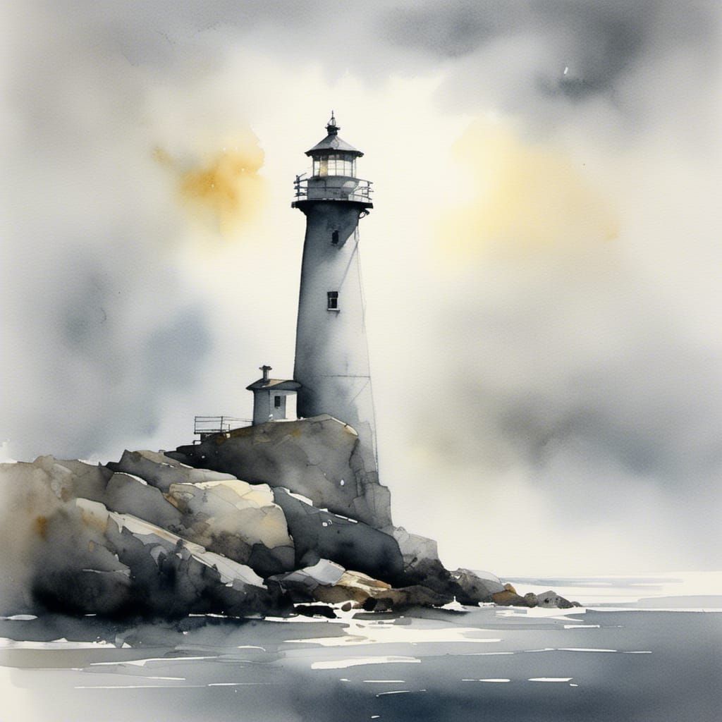Minimalist Watercolor Lighthouse in Dense Fog