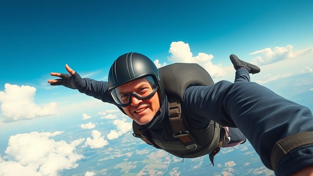 Serene Skydiver in Vast Cerulean Sky with Puffy White Clouds