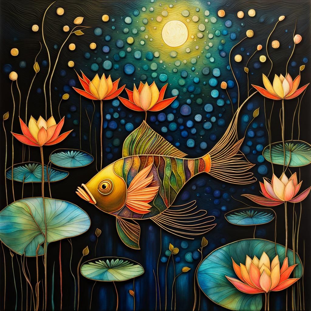Magical Fish Swimming Under Moonlight: Surreal 3D Art