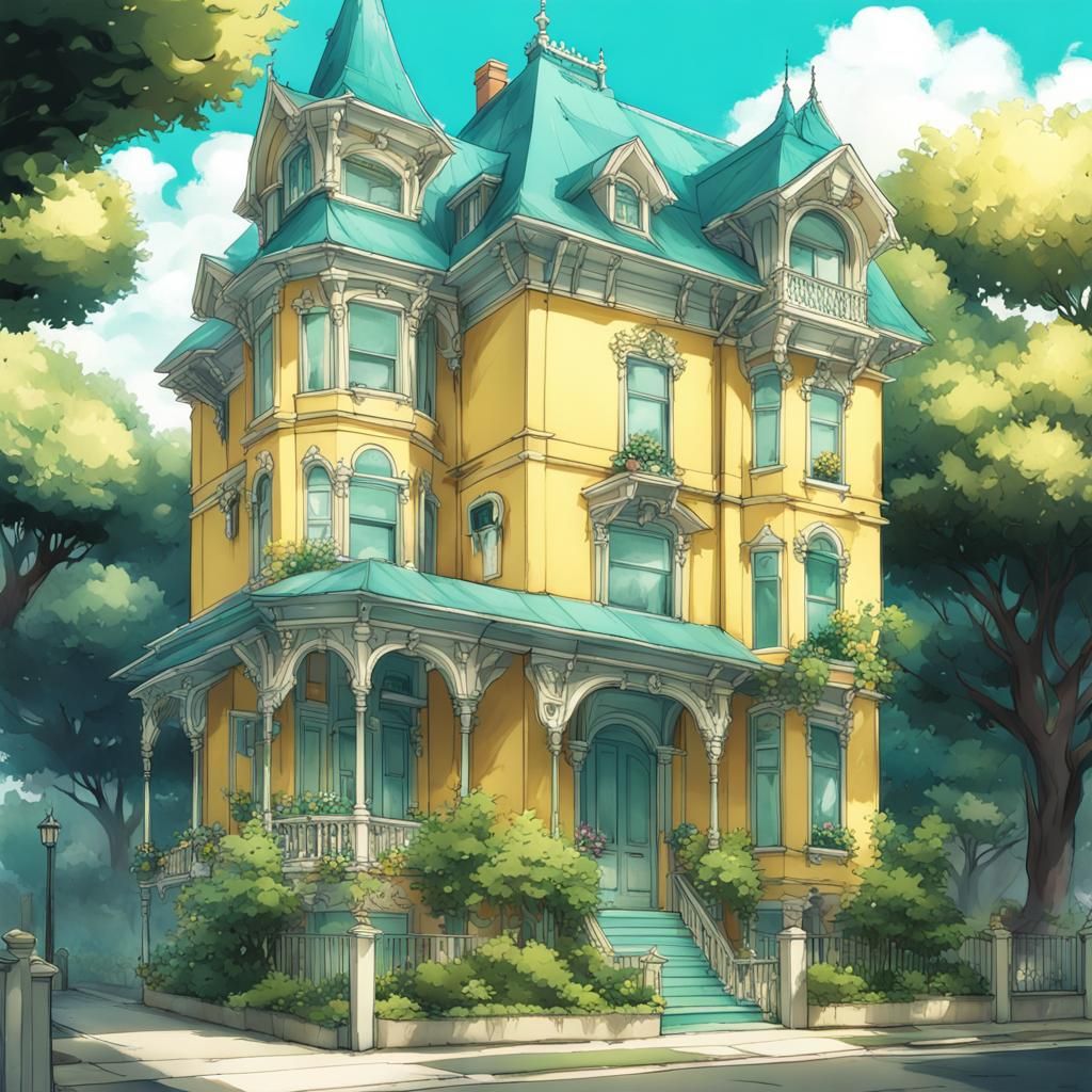 Victorian Mansion with Yellow Siding in Anime Style