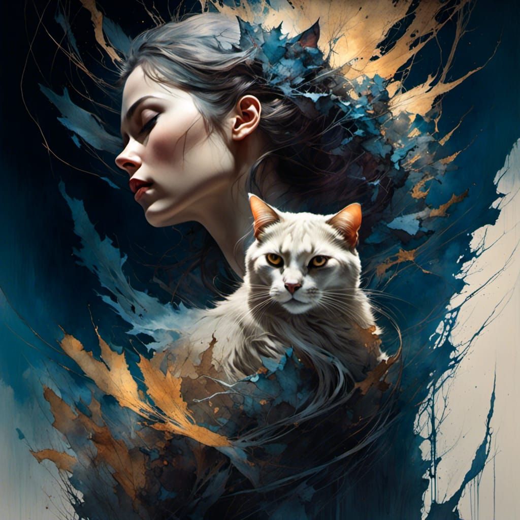 Elegant Woman with Cat: Art Nouveau Portrait