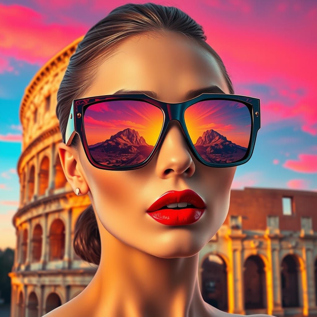 Woman in Geometric Sunglasses Amidst Desert Landscape