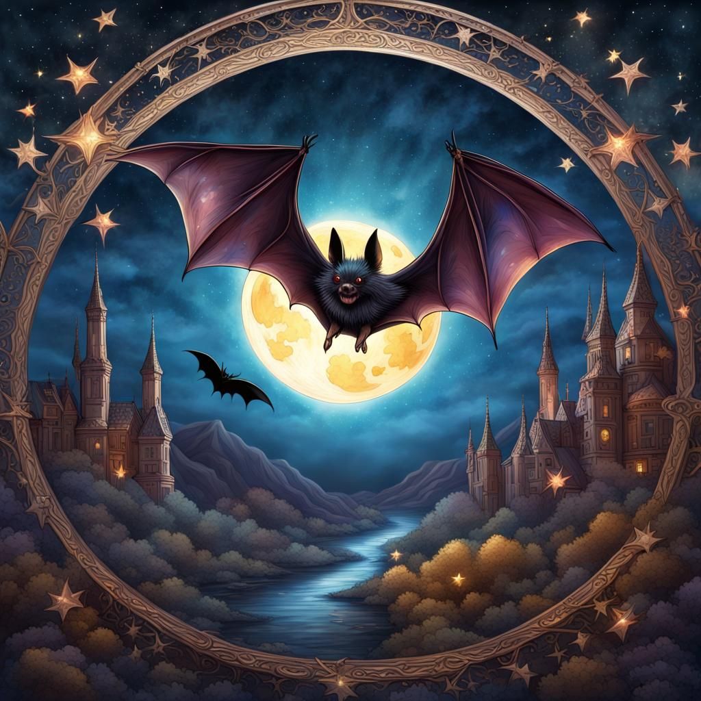 Bat Soaring Under Jeweled Stars, Color Illustration