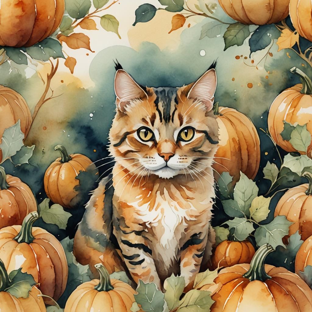 Watercolor Cat on Pumpkin with Golden Light