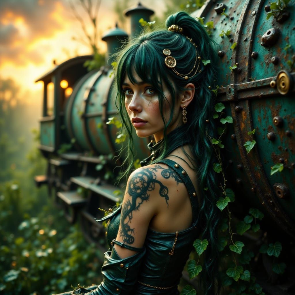 Gothic Woman with Train Tattoos in Twilight