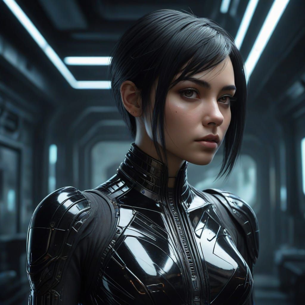 Heroic Cyberpunk Woman in High-Tech Bodysuit