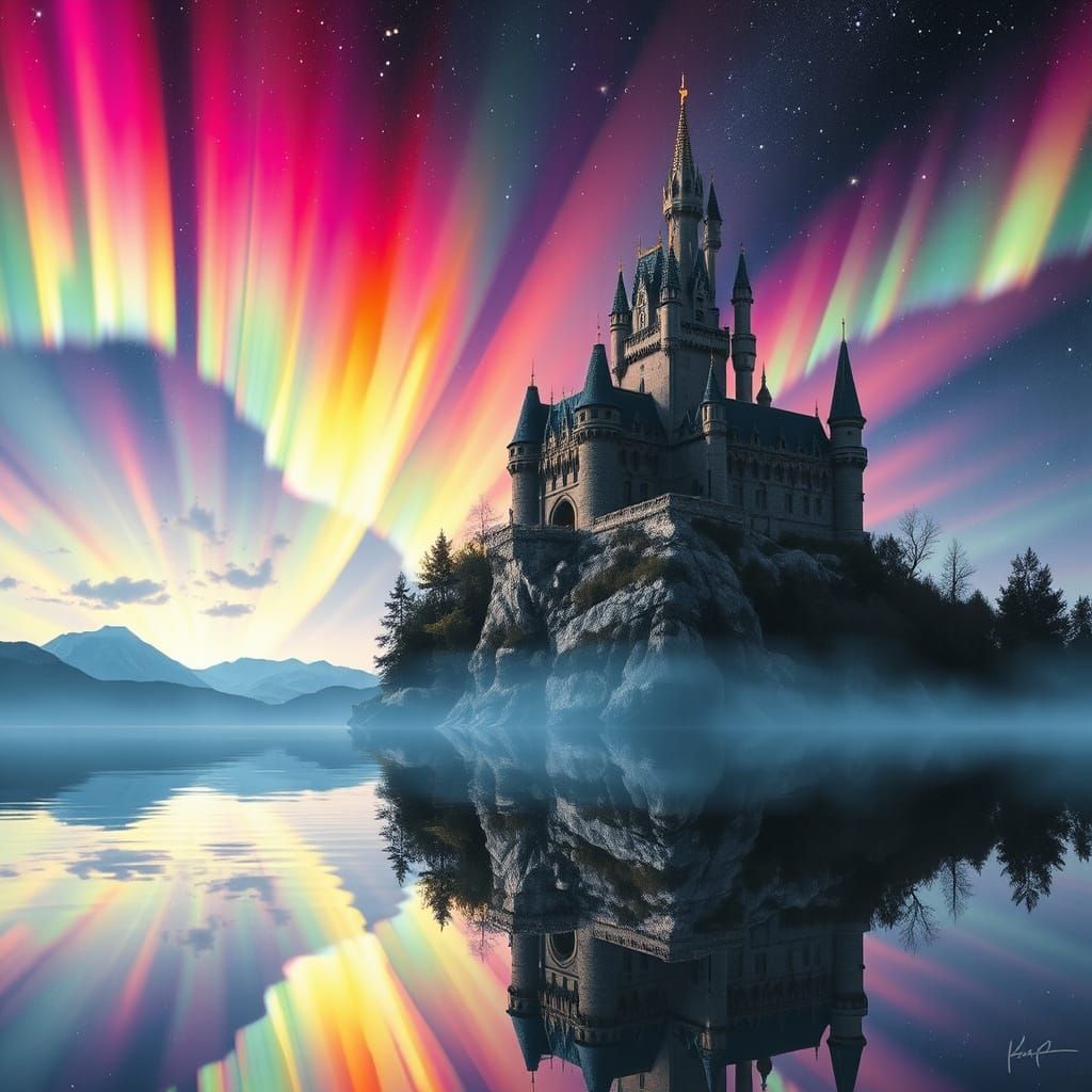 Grand Castle Amidst Vibrant Rainbow Aurora