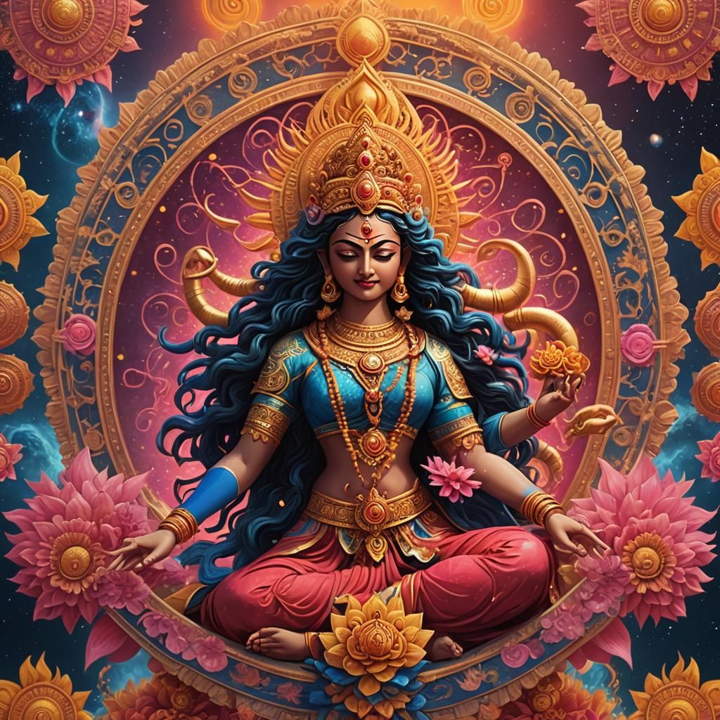 Hindu Goddesses Durga, Kali, and Lakshmi in Cosmic Scene