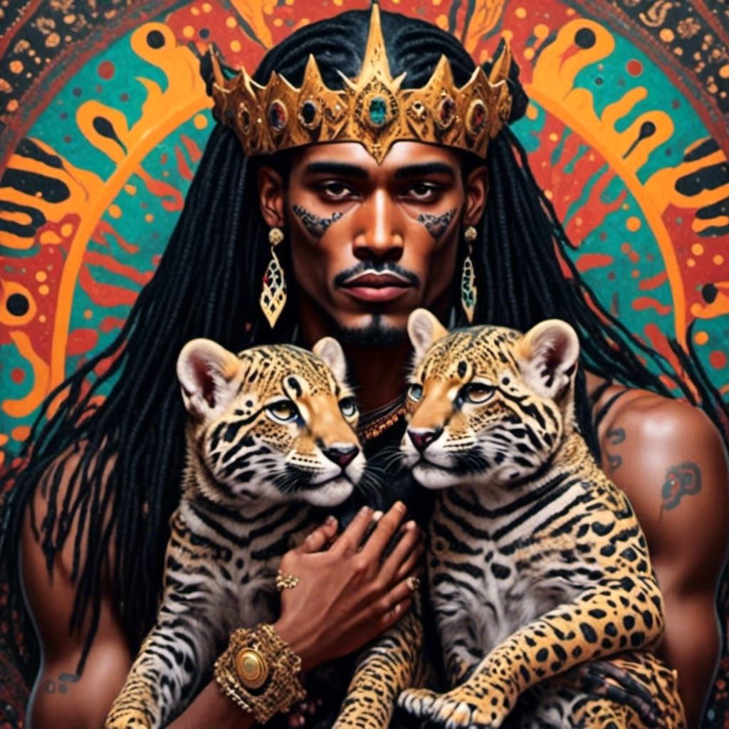 Aztec Emperor Hugging Jaguar Cub in Dotted Style