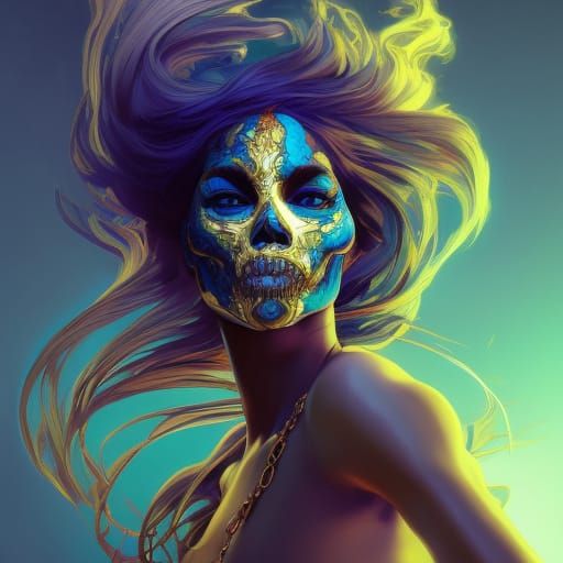 Golden Skull Woman with Flowing Blue Hair