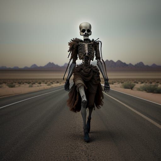 Skeletal Figure in Haute Couture in Desert Landscape