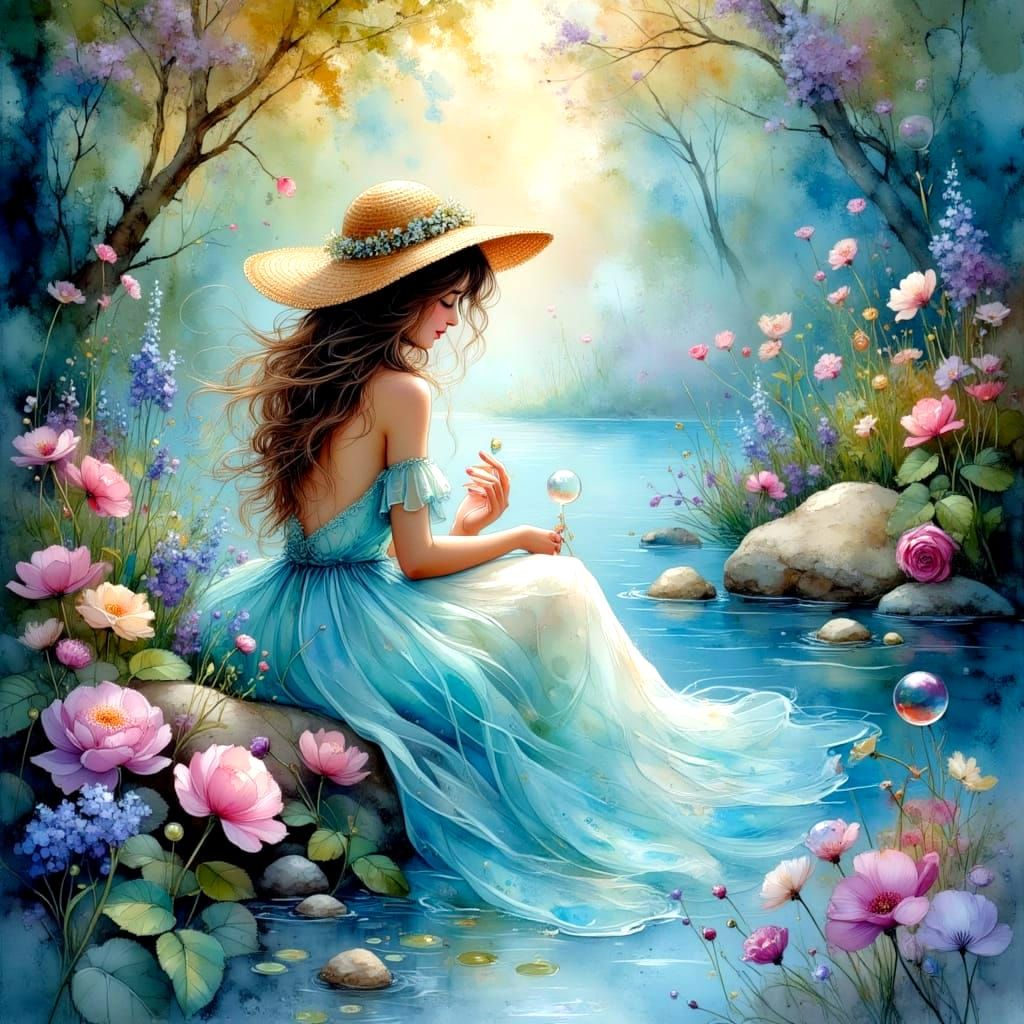 Art Nouveau Lady of the Lake in Bubbles