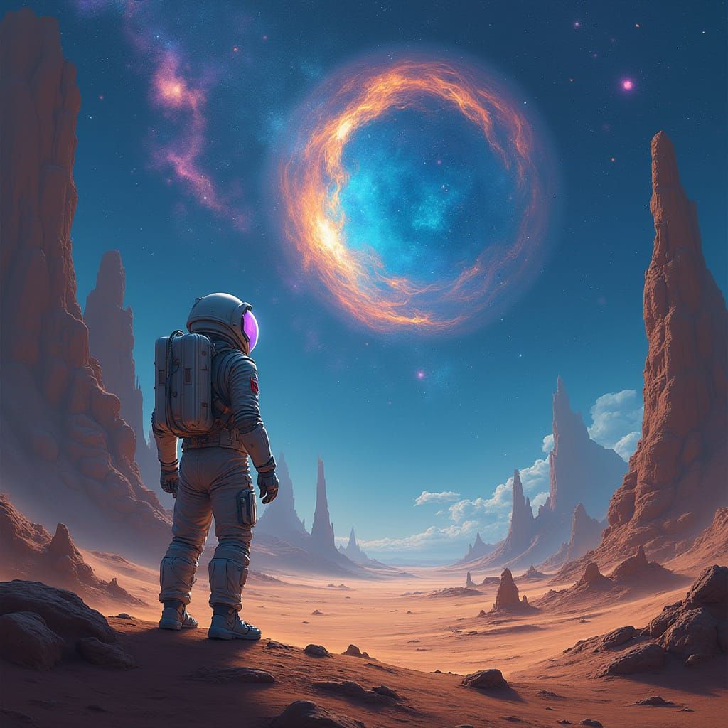 Astronaut Contemplates Swirling Nebula on Alien Planet in Cy...