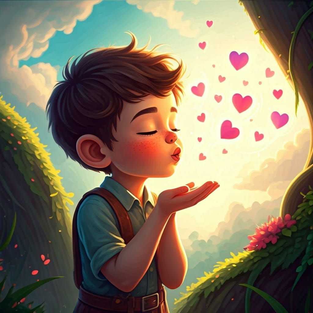 Whimsical Fantasy Boy Blows Hearts in Dreamlike Landscape