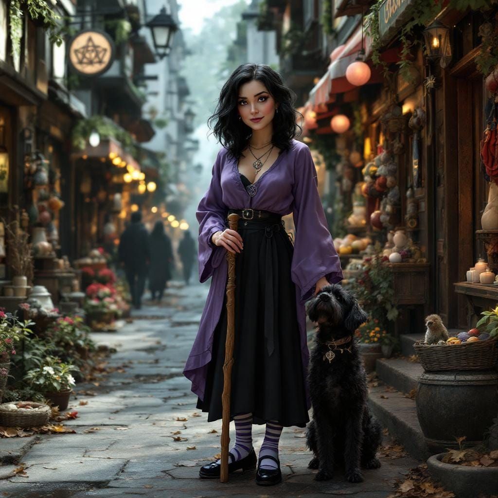 Woman with Dog in Pagan Street, Hyperdetailed Art