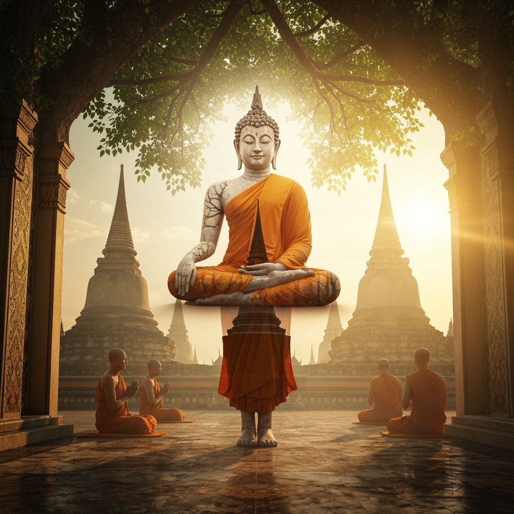 Buddha Meditating in Golden Light with Temple Elements