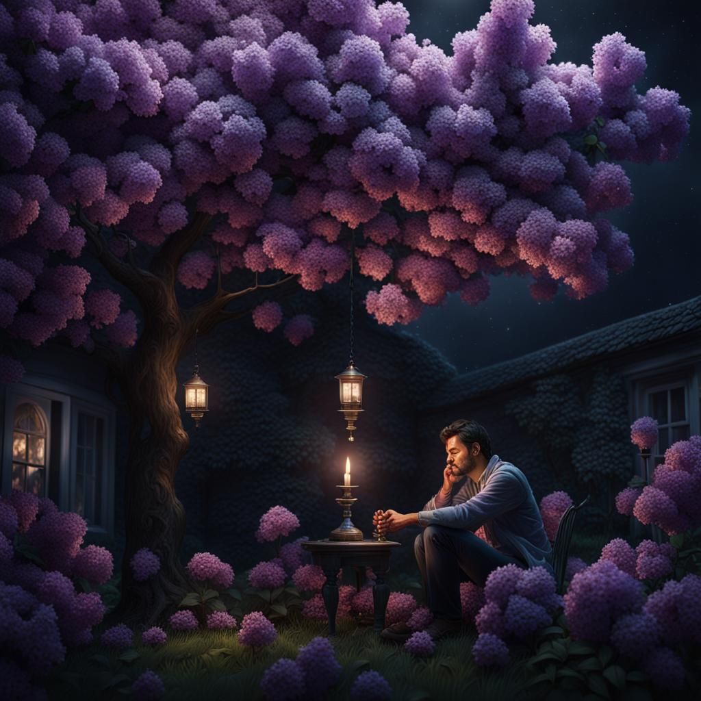 Man Under Lilac Tree at Night: Hyperrealistic Photo