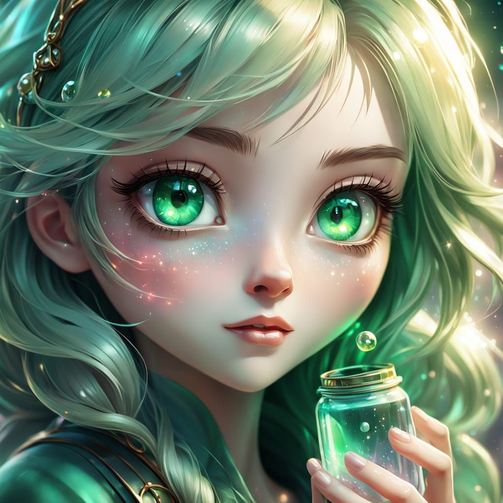 Charming Anime Girl with Emerald Green Eyes in Dreamy Digita...