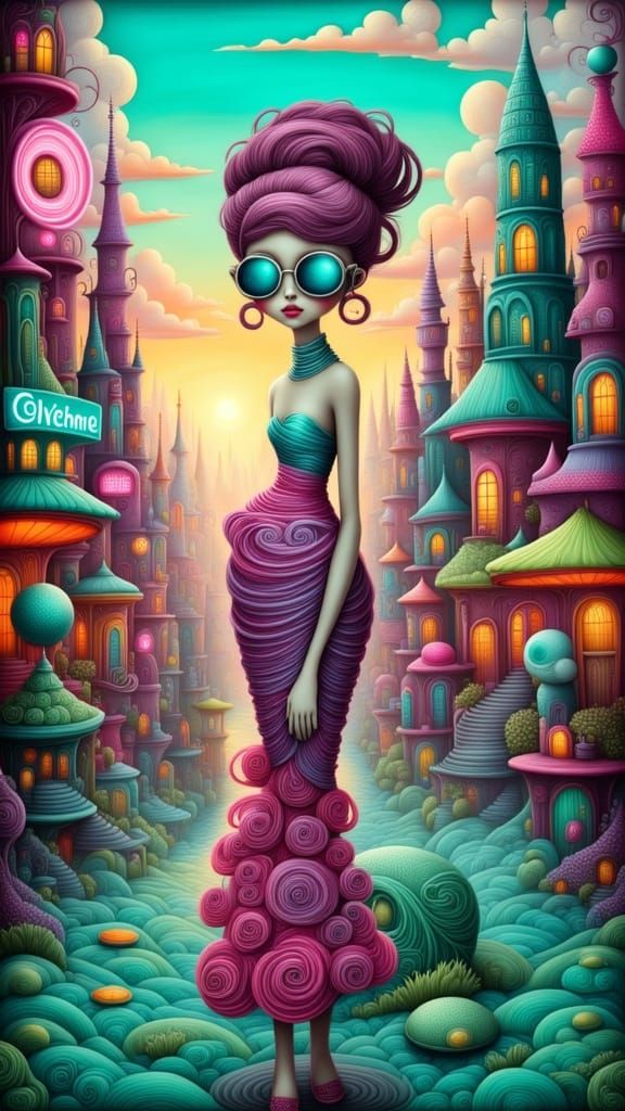 Elegant Woman in Retro-Futuristic Cityscape