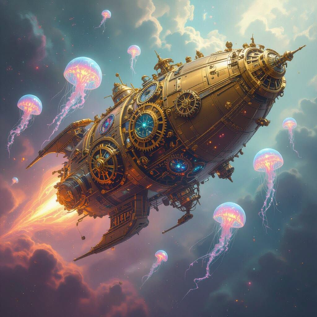Clockwork Spaceship Emerges from Nebula in Steampunk Style