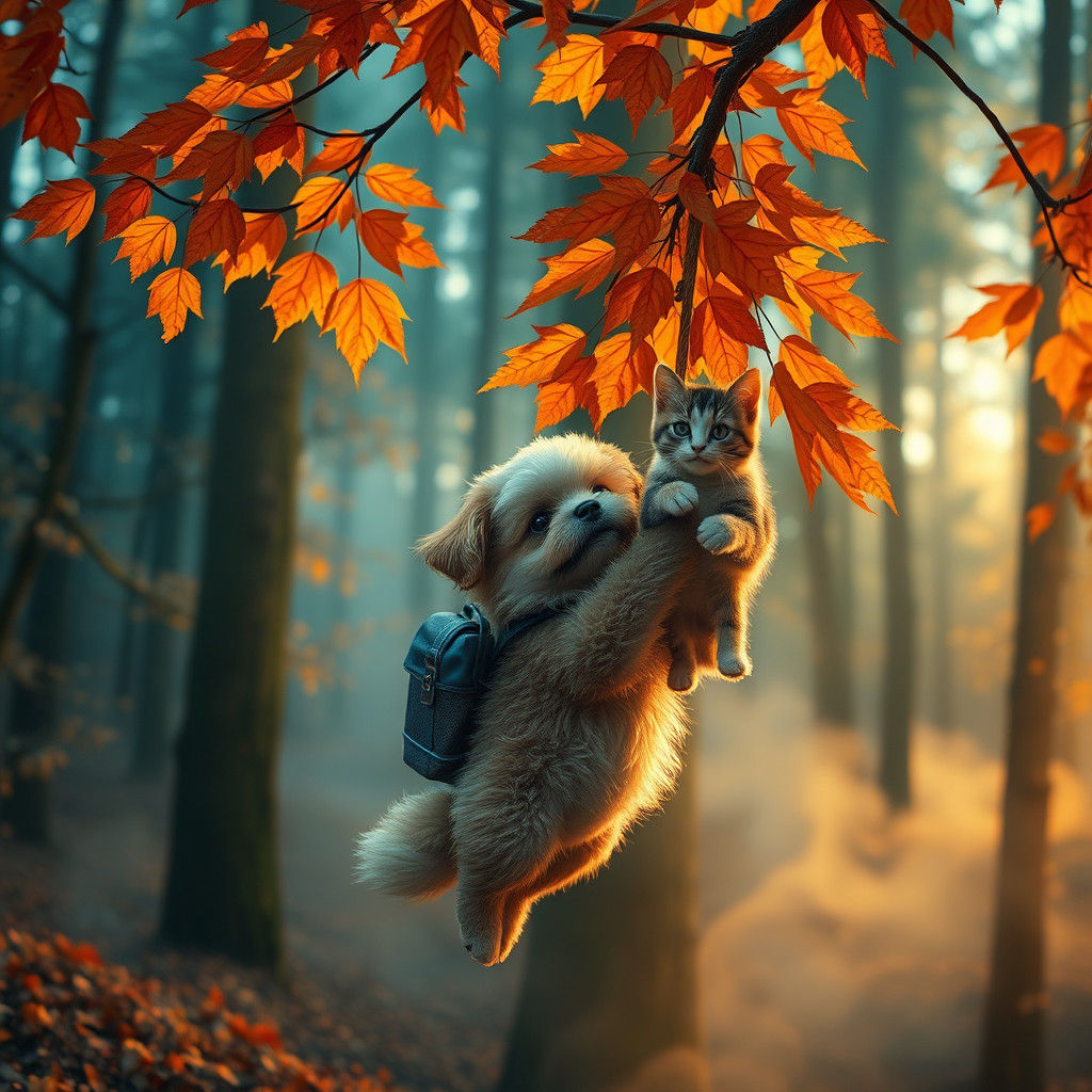 Dog Rescues Cat in Autumn Forest, Matte Painting