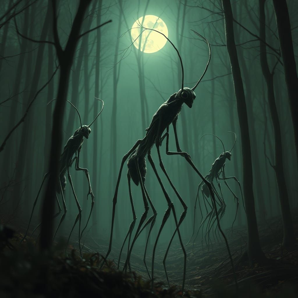 Eerie Insect Humanoids Emerge in Moonlit Forest